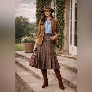 Vintage Valentino Boutique Wool Tweed Plaid Midi Skirt  Size 8